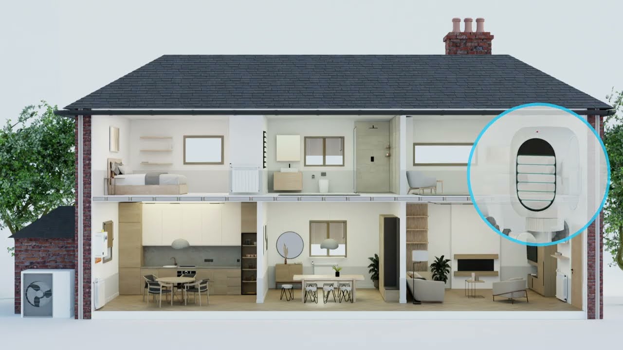 Cut-away house with a heat pump outside and a smart valve on a radiator, from Adia Thermal's video